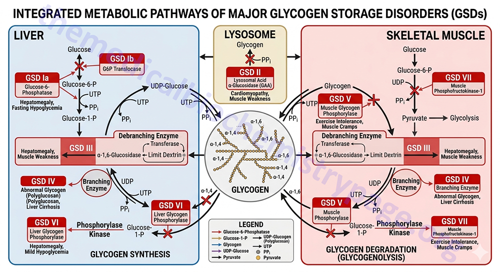 overview of the metabolic pathways affected in glycogen storage diseases