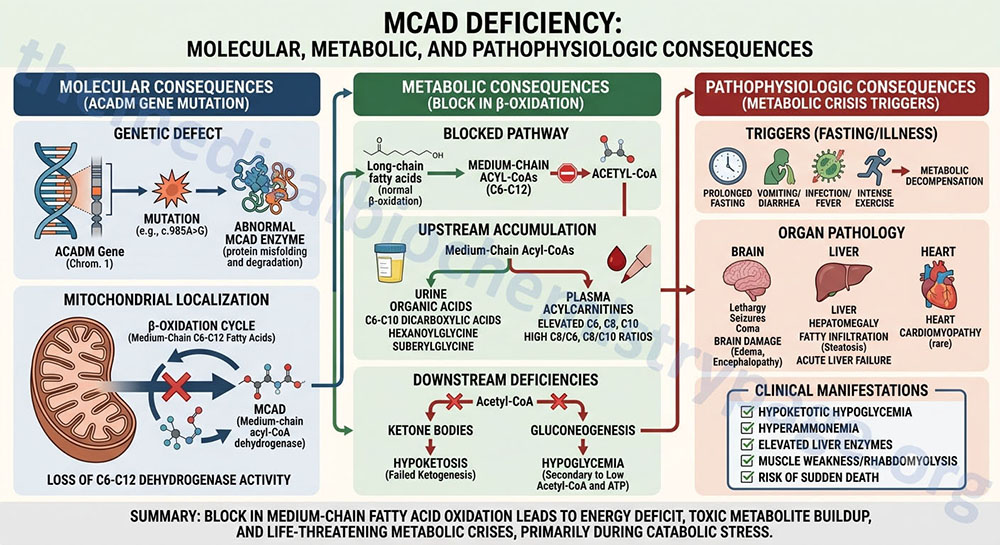 overview of the molecular metabolic and pathophysiological consequences of medium-chain acyl-CoA dehydrogenase (MCAD) deficiency