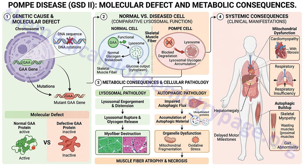 Pompe disease molecular defect and metabolic consequences