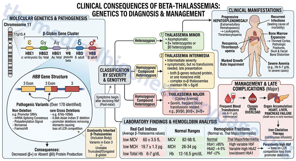 overview of the types of beta-thalassemias and their associated pathologies