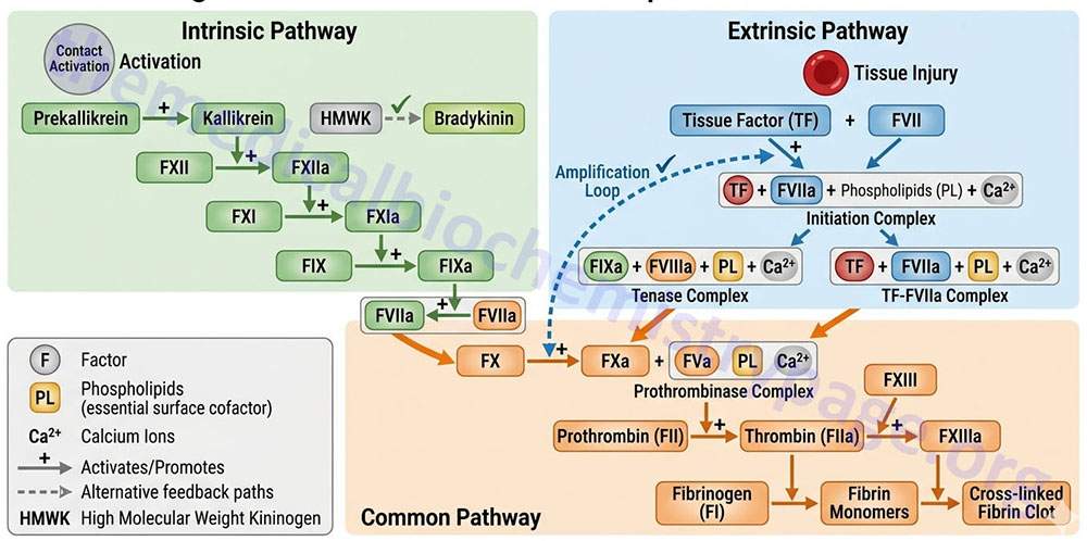depiction of the intrinsic and extrinsic coagulation cascades