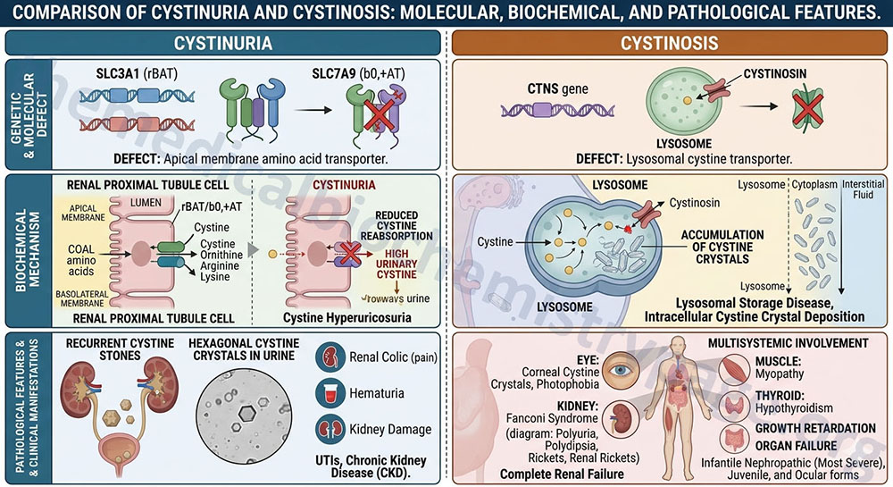 overview of the molecular metabolic and pathophysiologic associations of cystinuria and cystinosis
