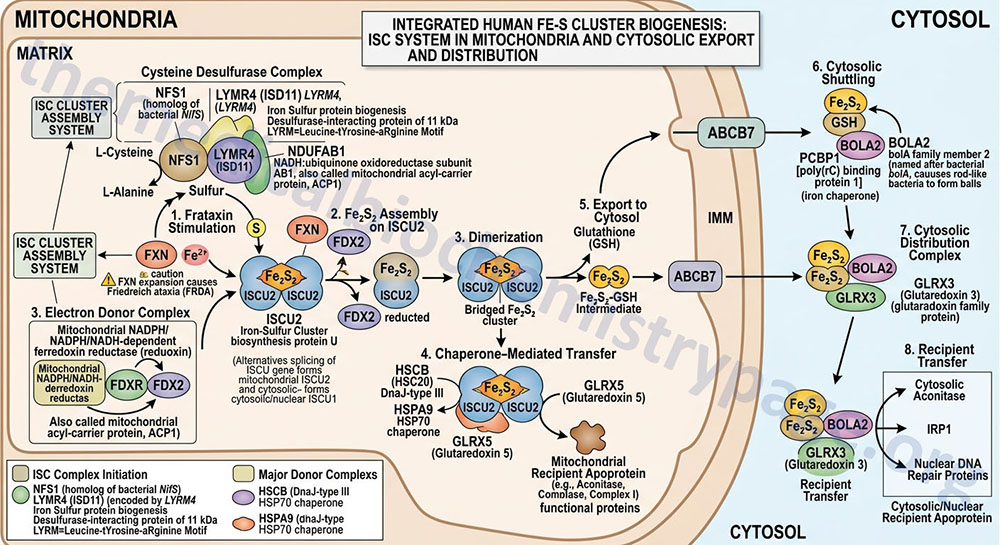 Overview of the processes of iron-sulfur (Fe-S) center biogenesis in the mitochondria and the cytosol