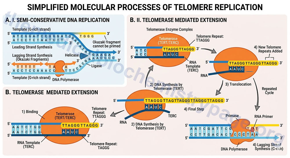 schematic overview of the processes of telomere replication
