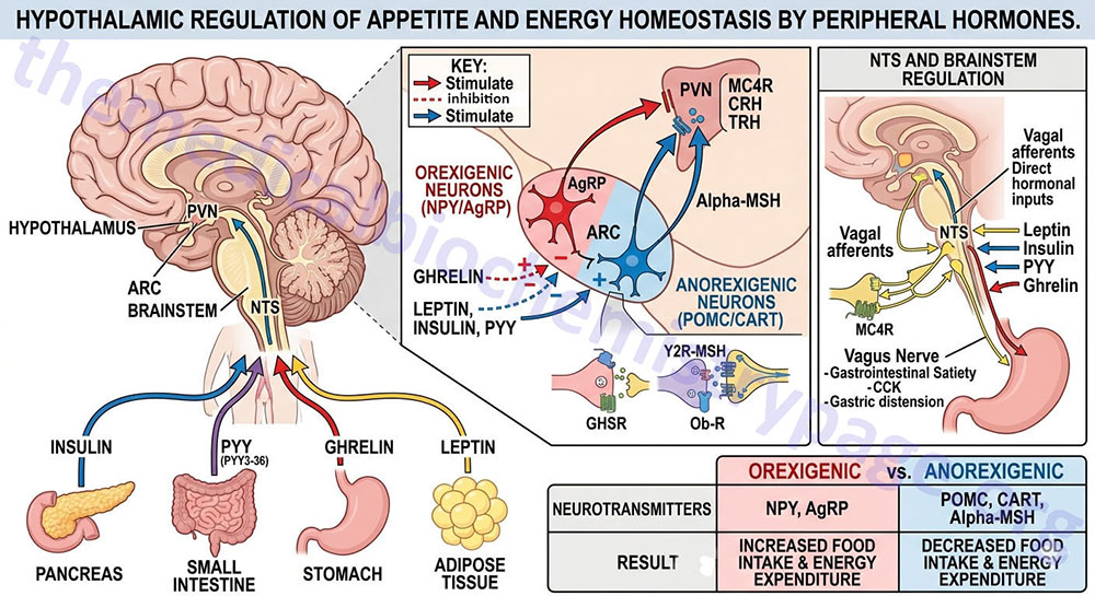 endocrine interaction between peripheral organs and satiety centers in the brain