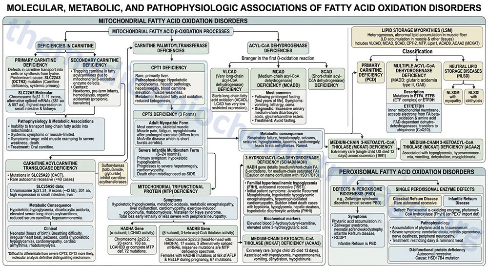 overview of the metabolic, molecular, and pathophysiological associations of disorders in fatty acid oxidation