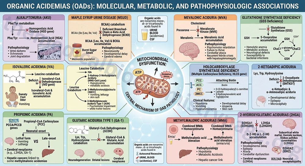 overview of the molecular metabolic and pathophysiologic associations of the common organic acidemias and organic acidurias